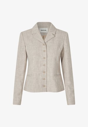 Beige linblazer med klaffekrave, syv knappelukking, to frontlommer og en skreddersydd passform med lange ermer.