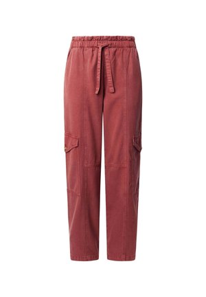 Rote, leichte Cargo-Hosen mit elastischem Bund, Kordelzug und zwei Seitentaschen. Merkmale sind sichtbare Nähte und eine lockere Passform.