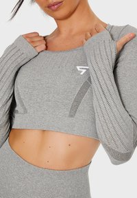 Gray long-sleeve crop top with textured, open-knit sleeves, fitted design, and a small white logo near the neckline.