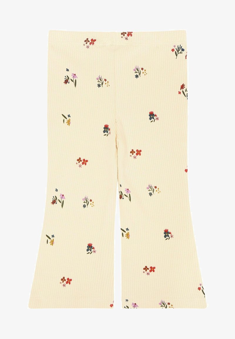 Riblaste tajice s izrezanim donjim dijelom u svijetloj krem boji, s višebojnim cvjetnim printom na kojem su ravnomjerno raspoređeni crveni, plavi i žuti cvjetovi.