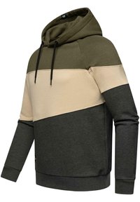 Hanorac cu glugă în verde oliv, bej și gri închis, având un design colorat, șnururi ajustabile și mansete ribbate.