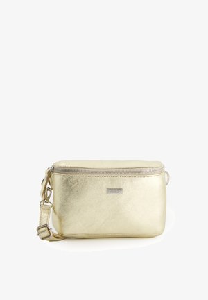 Gold metallic crossbody bag with a zip closure, rectangular shape, textured surface, and a removable strap. Features a small logo tag.
