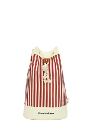 Canvas emmerentas met verticale rood-witte strepen, roomkleurige bovenkant en basis, leren accenten en trekkoordsluiting.