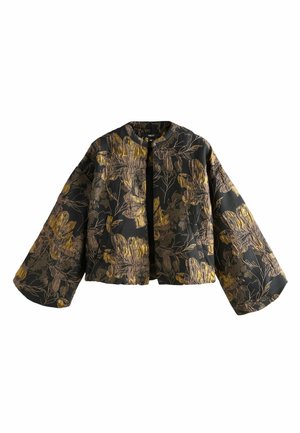 Giacca corta nera con maniche larghe che presenta ricami floreali dorati e beige e una scollatura rotonda senza chiusure visibili.