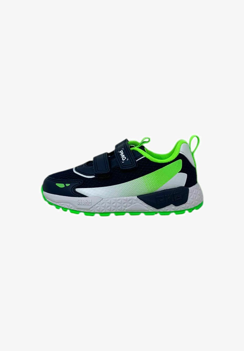 Scarpa sportiva con tomaia in mesh blu navy, dettagli in verde neon, intersuola bianca e suola in gomma testurizzata. Sicura grazie a cinturini regolabili.
