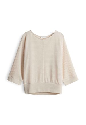 Lichtbeige, geribbeld sweater met een brede halslijn, 3/4 mouwen en een relaxed fit. Heeft een subtiele textuur en een afgeronde zoom.