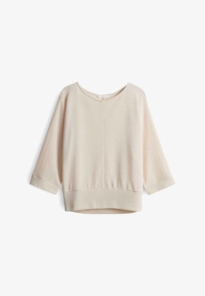 Lichtbeige, geribbeld sweater met een brede halslijn, 3/4 mouwen en een relaxed fit. Heeft een subtiele textuur en een afgeronde zoom.