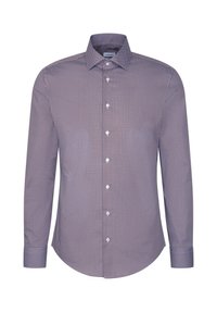 Langermige shirt in marineblauw met witte geometrische patronen, voorzien van een kraag, knopen aan de voorkant en een afgeronde zoom. Katoenen stof met een gladde textuur.