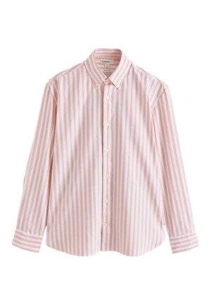 Herren-Langarmhemd mit rosa, weißen und blauen vertikalen Streifen, Button-Down-Kragen und Frontknöpfen.