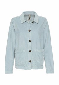 Veste en velours côtelé bleu clair avec col, manches longues, quatre boutons marron et deux poches plaquées à l'avant.