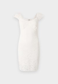 Bijela bodycon haljina od čipke s prilagođenim siluetom, s kapicama i cvjetnim uzorkom kroz cijelu haljinu.