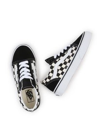 Black and white checkerboard canvas sneakers with white laces and rubber soles, featuring a low-top design and Vans logo on the insole.
