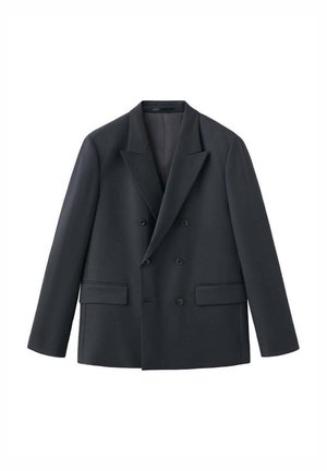 Dunkelblauer, zweireihiger Blazer mit steigendem Revers, zwei Vorder- taschen und sechs schwarzen Knöpfen. Aus glattem Stoff, taillierte Passform.