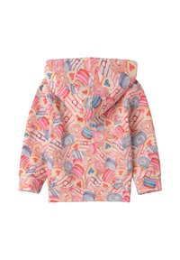 Felpa con cappuccio rosa con un motivo colorato di cupcake, ciambelle e biscotti a forma di cuore su tutta la superficie, vista da dietro.
