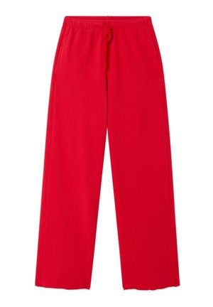 Pantalon de survêtement rouge à jambes droites avec ceinture élastique et cordon de serrage, poches latérales et ourlets cousus.