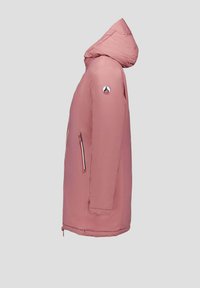 Giacca imbottita rosa con cappuccio, dotata di tasca con zip laterale e un logo sulla manica. Tessuto liscio e silhouette dritta.