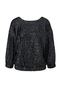 Maglione nero con paillettes, con scollatura ampia, vestibilità morbida e orlo elastico. Presenta un materiale lucido e testurizzato con strisce di paillettes verticali.