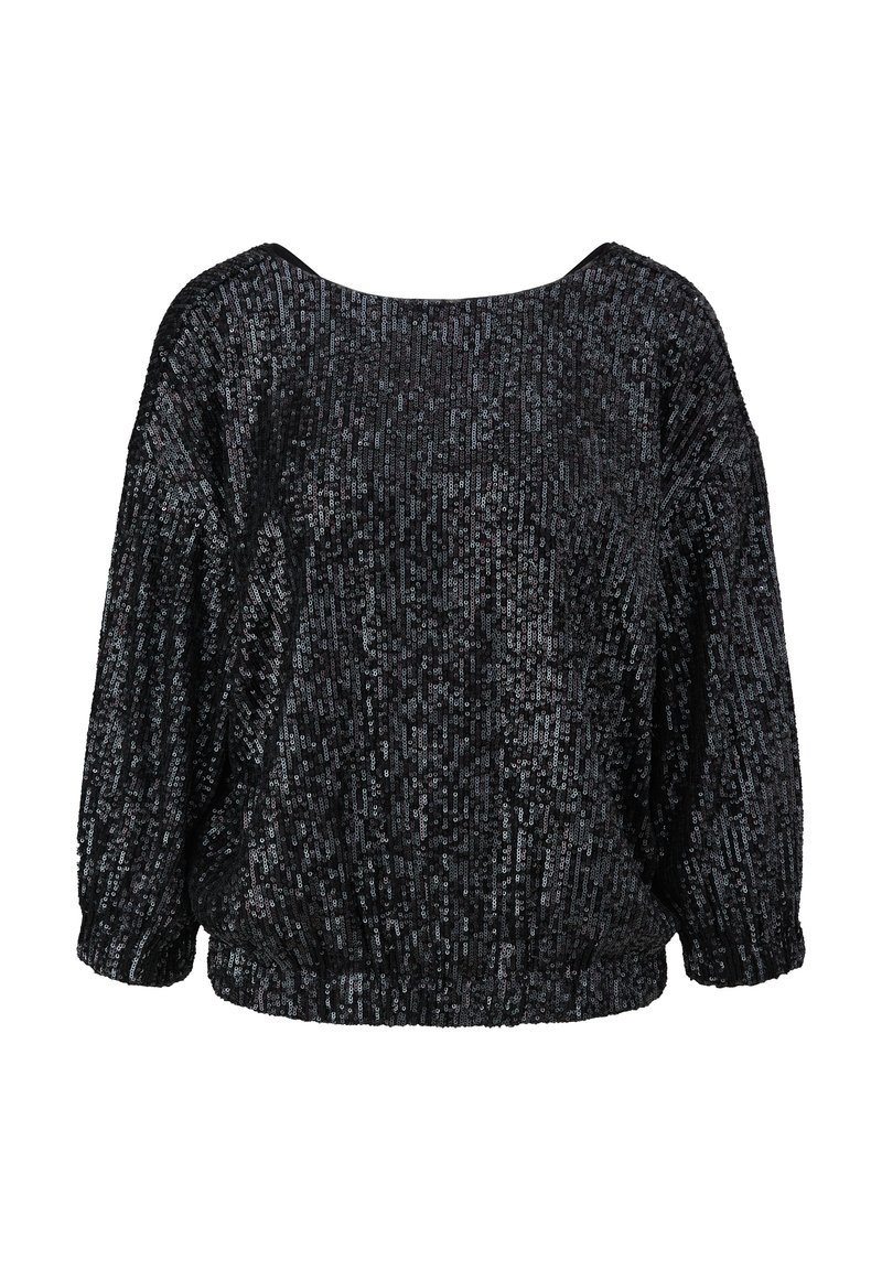 Maglione nero con paillettes, con scollatura ampia, vestibilità morbida e orlo elastico. Presenta un materiale lucido e testurizzato con strisce di paillettes verticali.