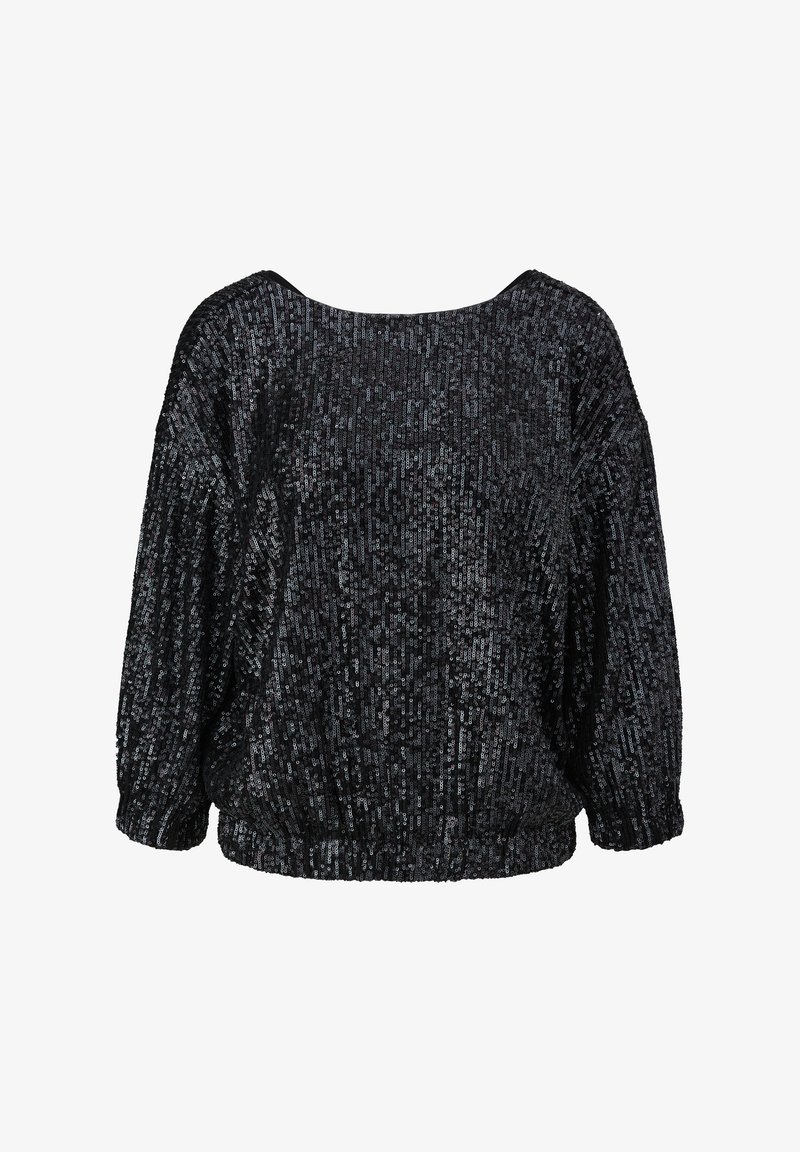 Mustat paljetti-neule pusero, jossa on leveä kaula-aukko, löysä istuvuus ja joustava helma. Sisältää kiiltävän, teksturoidun materiaalin, jossa on pystysuorat paljetti-raidat.