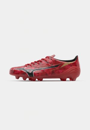 Scarpa da calcio rossa con un motivo geometrico. Presenta un accento metallico nero, lacci rossi e una superficie testurizzata. Progettata per la velocità.
