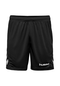 Schwarze Sportshorts mit elastischem Bund, weißem Logo und Chevron-Mustern an den Seiten, mit der Aufschrift „hummel“ am rechten vorderen Bein.