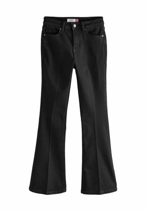 Black flared jeans made of denim, featuring a classic five-pocket design, button closure, and contrasting stitching. Smooth texture without patterns.