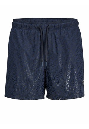 Tmavomodré pánske plavecké šortky s elastickým pásom, nastaviteľnými šnúrkami a jemným lesklým štvorcovým vzorom po celom diele.