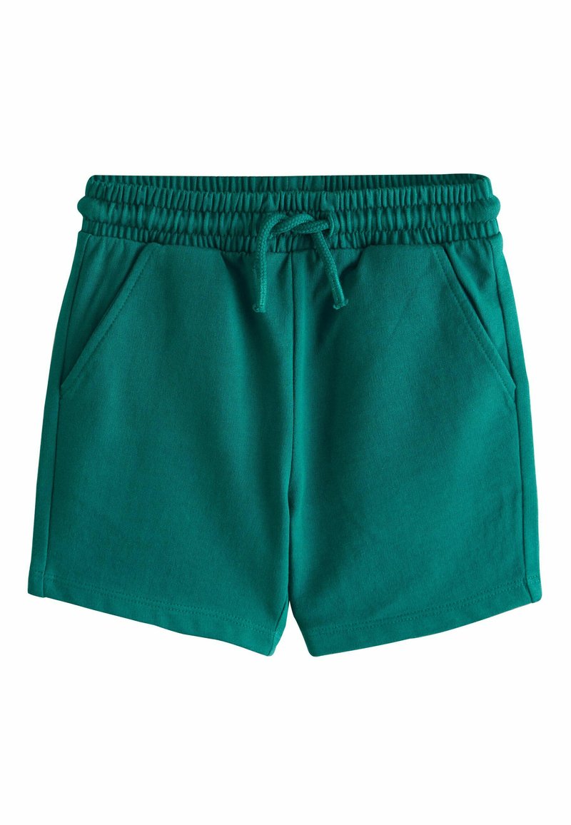 Blågrønne bomuldsshorts med elastisk taljebånd, justerbar snøre og to sidelommer; glat tekstur og afslappet design.