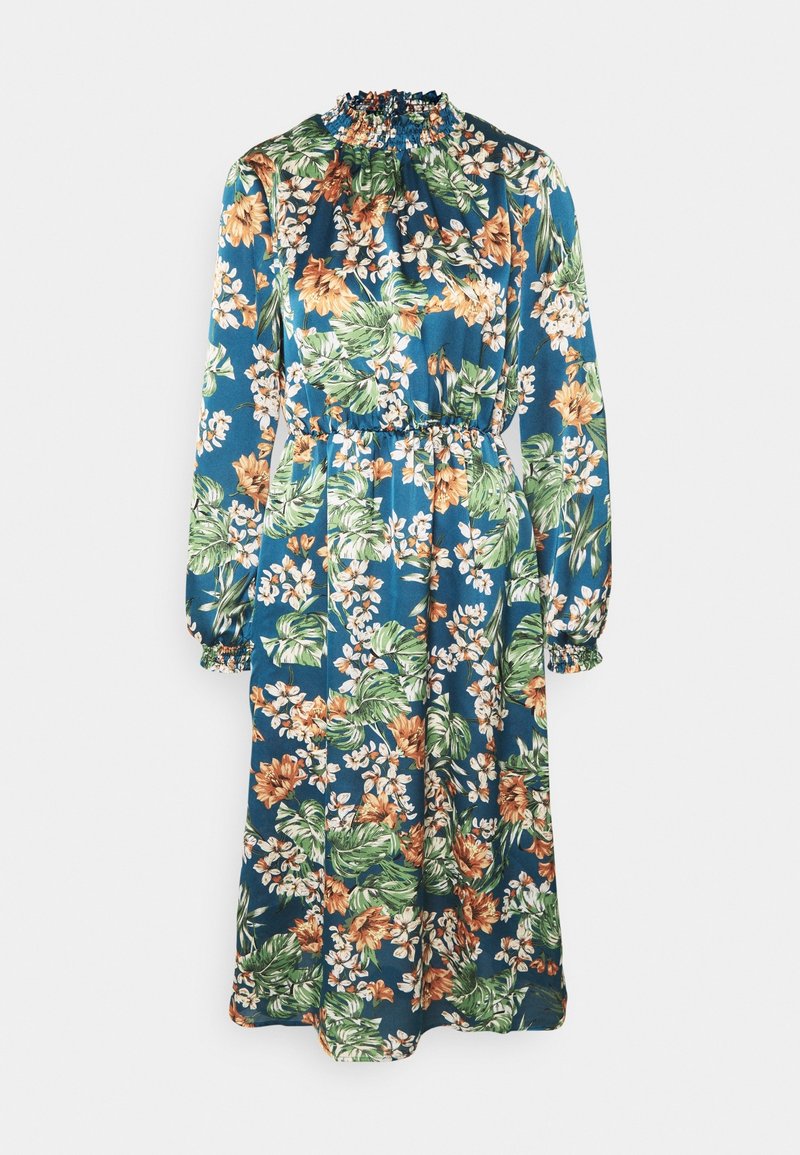 Robe midi à manches longues avec encolure et taille froncées, fond bleu avec feuilles vertes et imprimé floral blanc et orange.