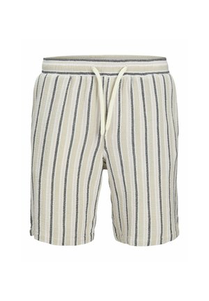 Raidalliset shortsit, joissa on kermahenkinen pohja ja tummansinisiä pystyraitoja, nauhakiristysvyötärö, teksturoitu kangas ja rento istuvuus.