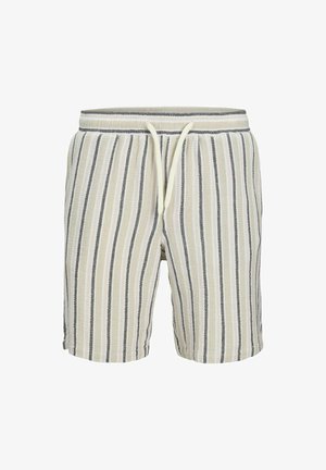 Raidalliset shortsit, joissa on kermahenkinen pohja ja tummansinisiä pystyraitoja, nauhakiristysvyötärö, teksturoitu kangas ja rento istuvuus.