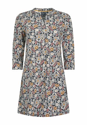 Floral dress with three-quarter sleeves, featuring a dark background and multicolored floral pattern, alongside a round neckline and relaxed fit.