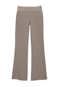 Taupe wijde broek met een geribbelde tailleband en zachte, cozy stof, ontworpen voor comfortabel dagelijks gebruik.