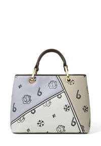 Sac à main avec un design tricolore : bleu clair, crème et beige. Présente des motifs floraux et géométriques. Accents en matériel doré et poignées supérieures.