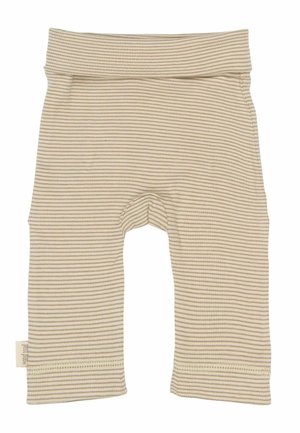 Bézs csíkos leggings puha anyagból, rugalmas derékkal és felhajtott szegéllyel, térd körüli nyílással a kényelem érdekében.