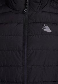 Schwarze Daunenjacke mit horizontalem Steppmuster, Frontreißverschluss, hohem Kragen und einem dezenten Logo in kontrastierendem Weiß auf der Brust.