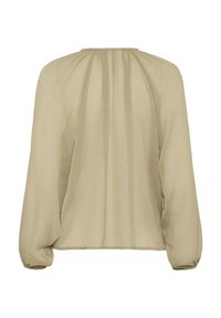 Blusa a maniche lunghe in verde oliva chiaro, in tessuto trasparente, con scollo arricciato e polsini elasticizzati, presenta un design fluido sul retro e una texture morbida.