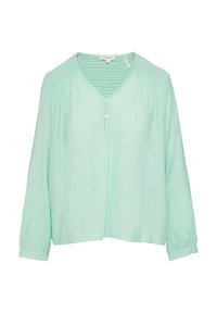 Blouse longue à manches longues vert menthe avec col en V, deux boutons à l'avant, épaules froncées et poignets élastiques.