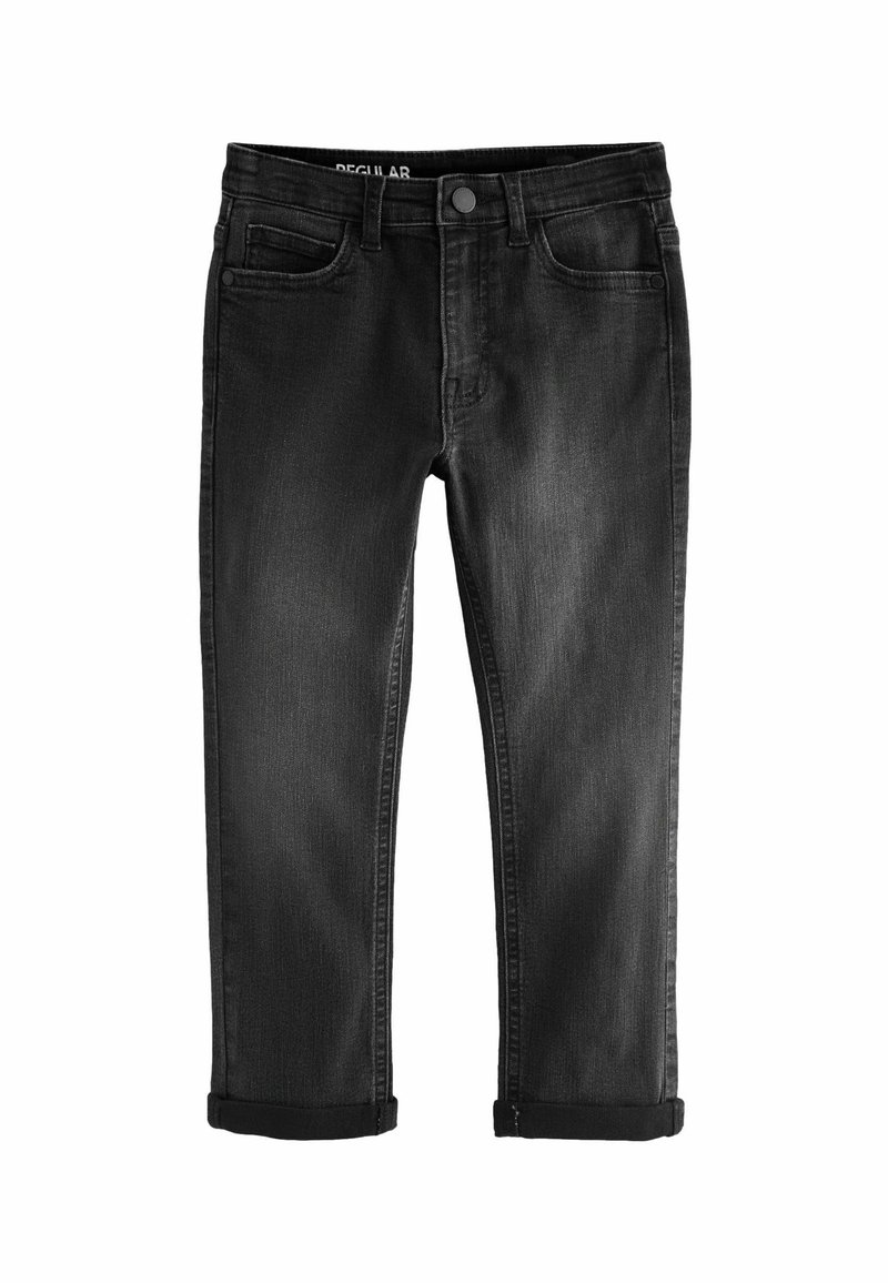 Jeans noirs coupe droite pour enfants avec poches frontales, passants de ceinture et revers retroussés sur fond blanc.