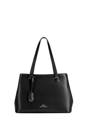 Sac à main en cuir noir avec doubles bretelles, étiquette décorative et logo Wittchen doré centré en bas à l'avant.