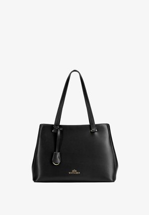 Sac à main en cuir noir avec doubles bretelles, étiquette décorative et logo Wittchen doré centré en bas à l'avant.