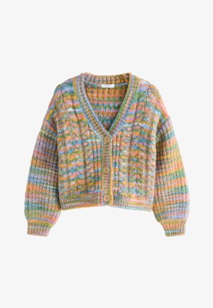 Cardigan lavorato a maglia grossa con righe pastello multicolori, tre bottoni in legno, scollo a V e maniche lunghe a palloncino.