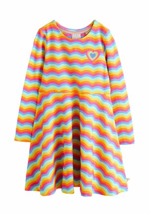 Long-sleeve dress made of soft fabric featuring a wavy pattern in alternating colors of blue, pink, yellow, and orange, with a heart accent.