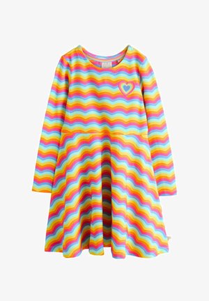 Šaty s dlhým rukávom z mäkkej látky, s vlnitým vzorom v striedajúcich sa farbách modrej, ružovej, žltej a oranžovej, s detailom srdca.