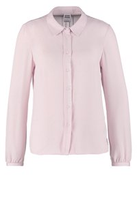 Blusa rosa chiaro a maniche lunghe con abbottonatura frontale, colletto e polsini arricciati. Realizzata in un tessuto liscio con una lieve lucentezza.