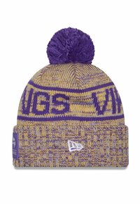 Purple and yellow knit beanie with a pom-pom on top, featuring "VIKINGS" text and a Minnesota Vikings logo patch on the folded cuff.