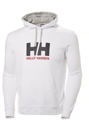 Sudadera blanca con capucha de tela gris, un bolsillo tipo canguro en el frente y un gran logo "HH" en negro y rojo en el pecho.