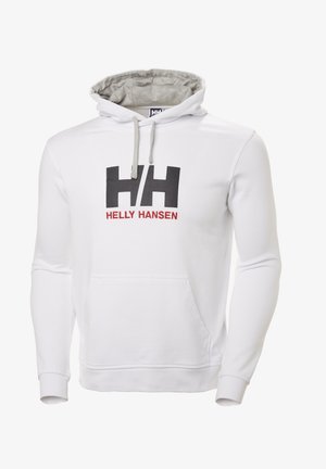 Biała bluza z kapturem z szarym podszyciem, przednia kieszeń typu kangur oraz duże logo "HH" w czerni i czerwieni na piersiach.