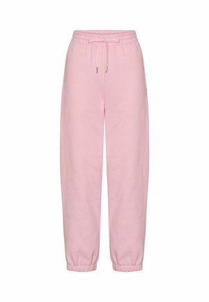 Rózsaszín, puha anyagból készült melegítőnadrág, elasztikus derékpánttal és húzózsinórral, valamint bordás mandzsettával a bokáknál.