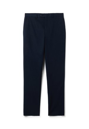 Pantaloni navy in tessuto liscio, con taglio dritto, chiusura con bottone e due tasche frontali. Nessun motivo o dettaglio visibile.